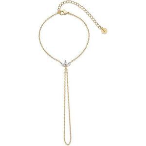 14K Yellow Gold Plated Cubic Zirconia Lotus Hand Chain Bracelet For Women